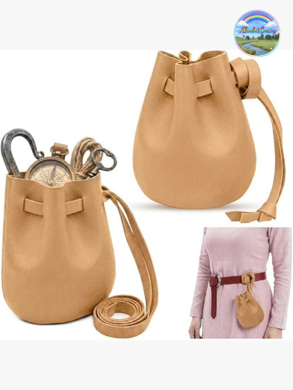 Genuine Leather Drawstring Pouch 6 Inch Belt Bag Medieval LARP Coin Purse